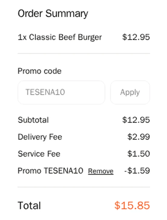 Checkout order summary: subtotal $12.95, delivery fee $2.99, service fee $1.50, promo TESENA10 minus $1.59, total $15.85