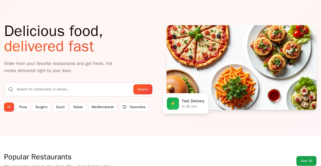 The demo app's home page with the Popular Restaurants list and its green View All button, which does nothing when clicked